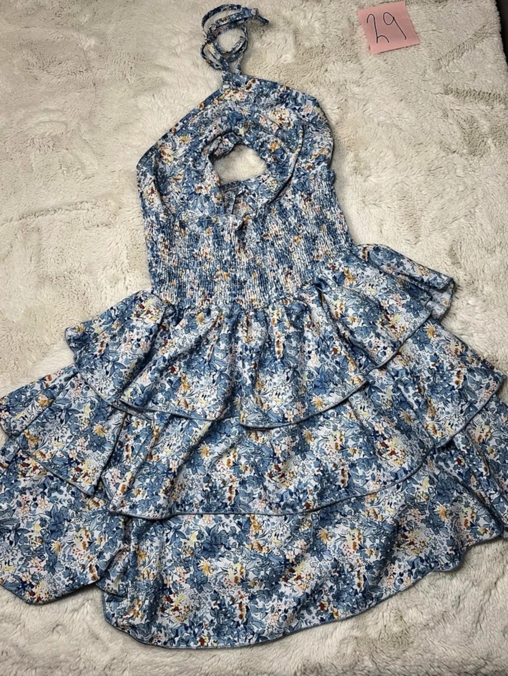 SHEIN Floral Halter Mini Dress in Blue & White Size Large
